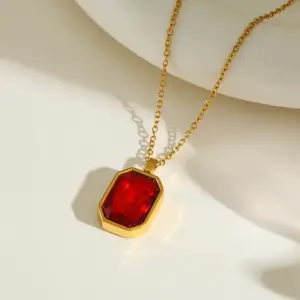 Necklace - Length 40+5cm, Pendant 21.61*13.20mm - Bright / Red