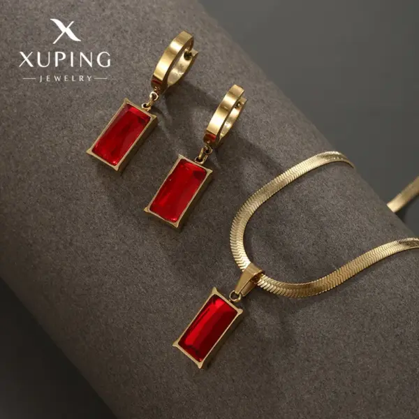 304 Stainless Steel 18K Gold Plated Glam Luxurious XUPING Plating Inlay Rectangle Artificial Gemstones Earrings Necklace