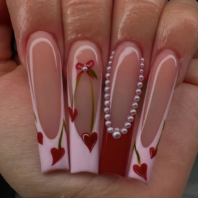 Wholesale Cross-Border European and American Water Pipe Manicure Nails Cross-Border Hot Selling Love Pearl Wearable Nails French Fake Nails