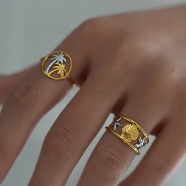 Wholesale PVD Coated Real Gold Plated 18K Gold Coconut Tree Starfish Ocean 304 Stainless Steel Retro Vacation Waterproof Non Tarnish Open Rings