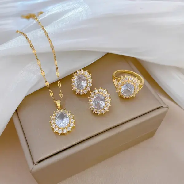Wholesale Elegant Lady Simple Style Geometric Artificial Gemstones Titanium Steel Copper Inlay Artificial Gemstones Gold Plated Rings Earrings Necklace