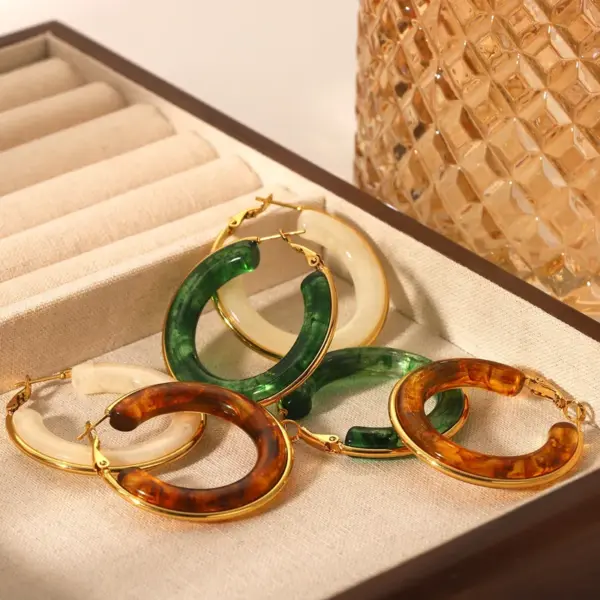 Wholesale 304 Stainless Steel Resin Circle Resin Real Gold Plated Exaggerated Streetwear Earrings