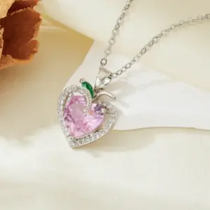 Silver Pink Diamond Heart Necklace T021