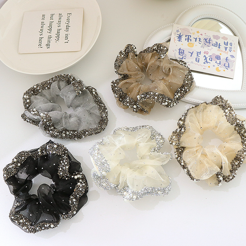 Wholesale Internet Celebrity Advanced Light Luxury Organza Rhinestone Colon Ring Elegant Payertail Hair Rope High Elastic Rubber Tendon Hair Rope Hair
