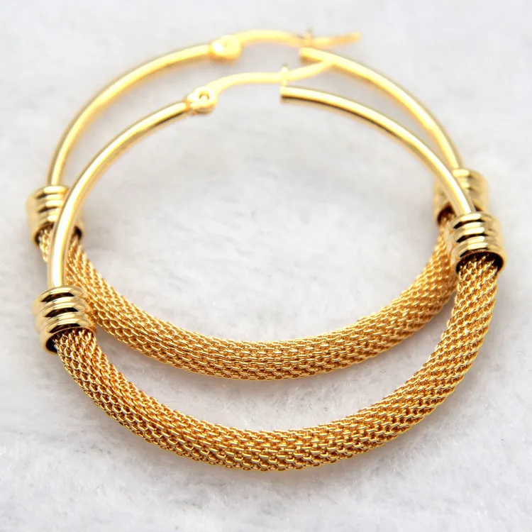 Wholesale Real Gold Plated 18K Gold Grid 304 Stainless Steel Titanium Steel Fashion Waterproof Non Tarnish Hoop Earrings