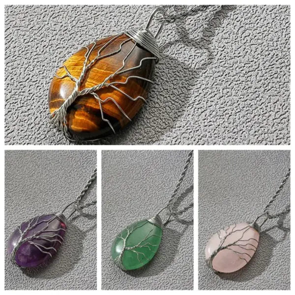 Wholesale Fashion Water Drop Shaped Natural Stone Pendant Winding Stainless Steel Chain Necklace