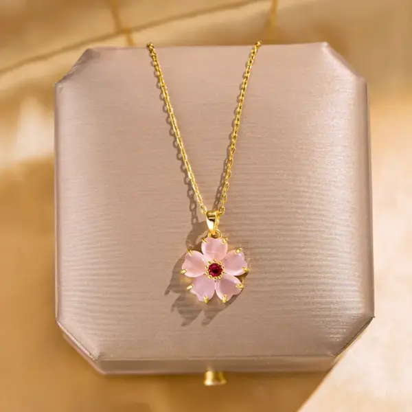 Wholesale Jewelry Elegant Flower 304 Stainless Steel Cat's Eye Stone Inlay Pendant Necklace