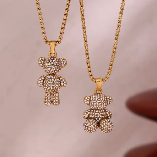 Wholesale 304 Stainless Steel Bear PVD Coated Rhinestones 18K Real Gold Plated Simple Style Classic Style Waterproof Non Tarnish Plating Inlay White Gold Pendant Necklace