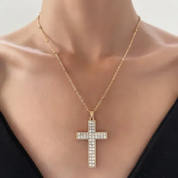 Wholesale Stainless Steel Copper Metal IG Style Plating Inlay Cross Rhinestones Zircon Artificial Pearls Necklace