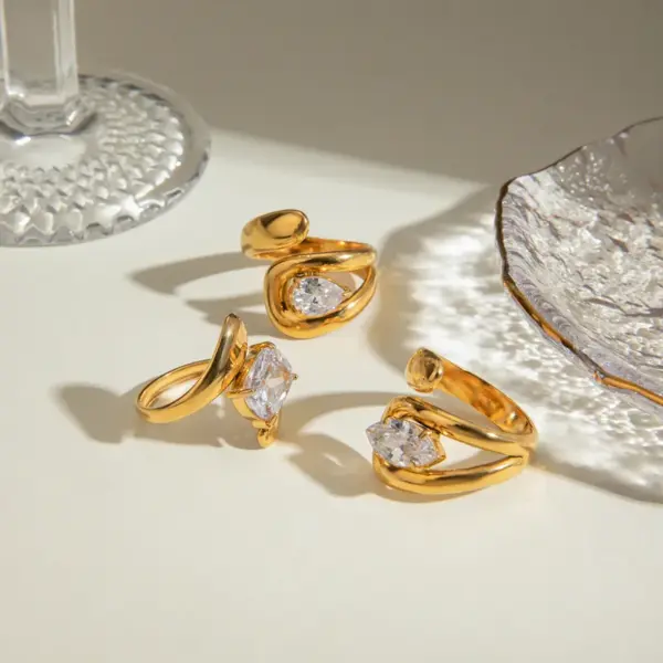 Wholesale 304 Stainless Steel Geometric Square PVD Coated Zircon 18K Real Gold Plated Real Gold Plated IG Style Waterproof Non Tarnish Inlay Gold Open Rings Rings