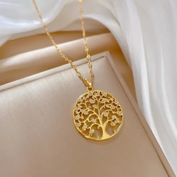 Wholesale Fashion Round Tree Titanium Steel Copper Zircon Pendant Necklace In Bulk