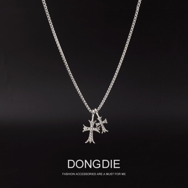 Wholesale European and American Full Diamond Double Cross Necklace Personality Retro Trendy Cold Style Personality Chain Niche Cool Fashion Jewelry