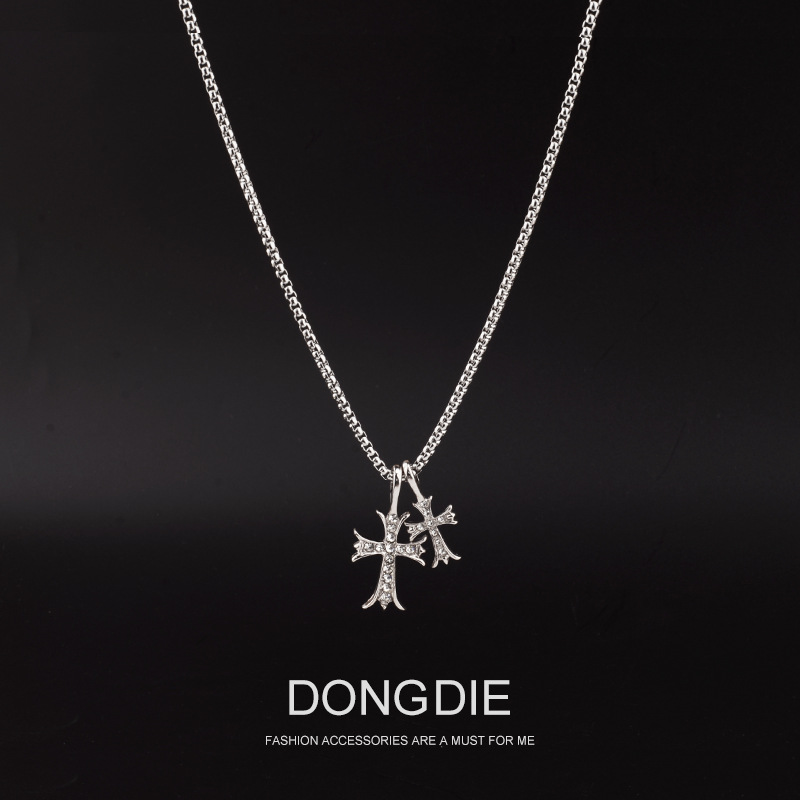 Wholesale European and American Full Diamond Double Cross Necklace Personality Retro Trendy Cold Style Personality Chain Niche Cool Fashion Jewelry