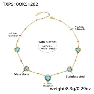 TXP510-Lake Blue Glass Stone Gold Necklace 42+5cm