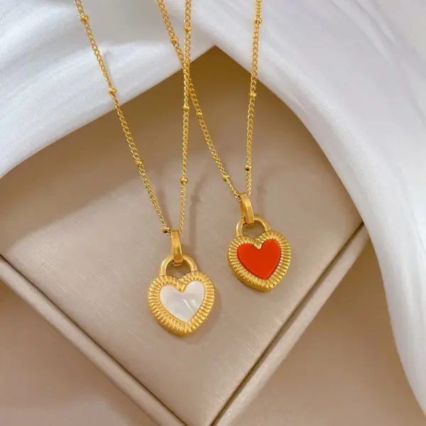 Fashion Heart Shape Titanium Steel Inlay Shell Pendant Necklace