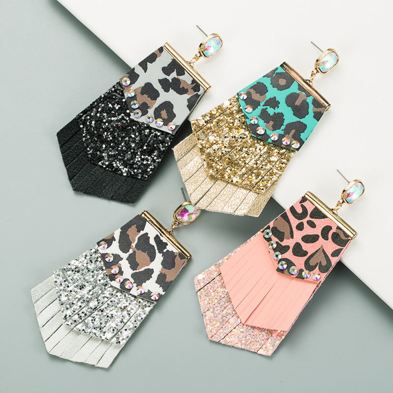 Wholesale Amazon Explosions Exaerated Leopard Leather Earrings Women's Alloy Diamond-encrusted Sequins Tassel Double-layer Elegant Banquet Earrings