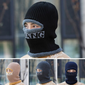 Wholesale Men's fleece-lined, thick, warm, woolen, one-piece winter cap for cycling, face protection, and cold protection.