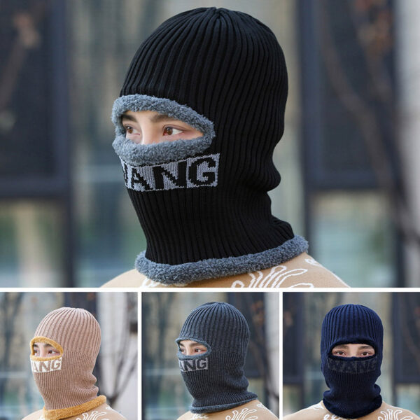 Wholesale Men's fleece-lined, thick, warm, woolen, one-piece winter cap for cycling, face protection, and cold protection.