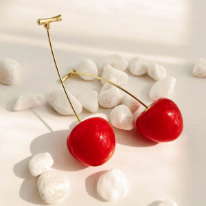 Gold copper + red cherry earrings