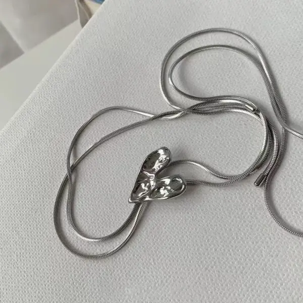 Wholesale Long Chain Liquid Metal Heart Sweater Necklace Adjustable Cool Sweet Titanium Steel Non-Fading For Women
