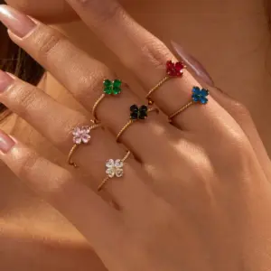 Wholesale PVD Coated Real Gold Plated Four Leaf Clover 304 Stainless Steel Basic Retro Modern Style Waterproof Non Tarnish Adjustable Ring