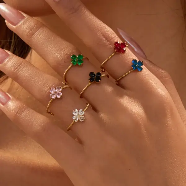 Wholesale PVD Coated Real Gold Plated Four Leaf Clover 304 Stainless Steel Basic Retro Modern Style Waterproof Non Tarnish Adjustable Ring