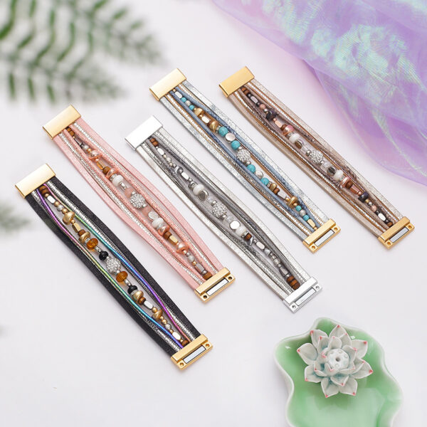 Wholesale Cross-border fashion hardware beaded copper tube women's PU leather bracelet, personalized retro multi-layer magnetic buckle leather bangle