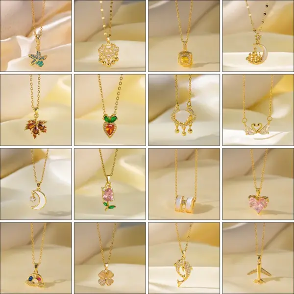 Wholesale Titanium Steel Copper Plating Heart Shape Flower Bow Knot Pendant Necklace
