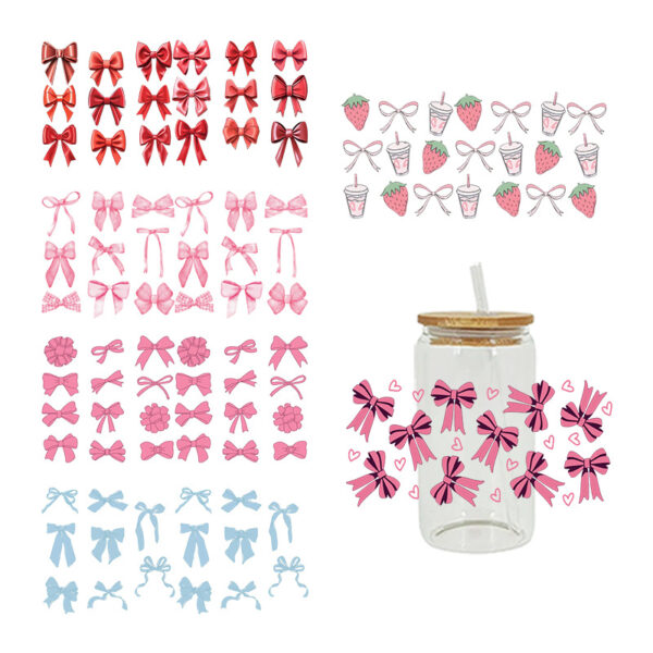 Wholesale UV transfer sticker for pink bow crystal glass cup 16oz