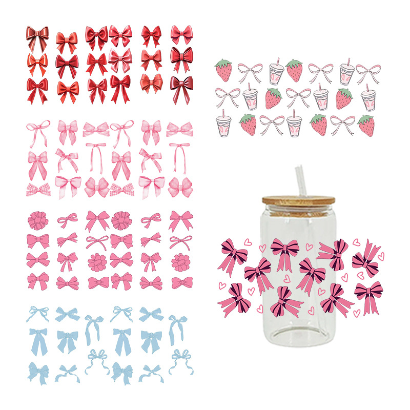 Wholesale UV transfer sticker for pink bow crystal glass c 16oz