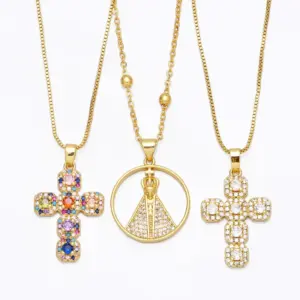 Wholesale Fashion Copper Inlaid Colored Zircon Cross Pendant Necklace Jewelry