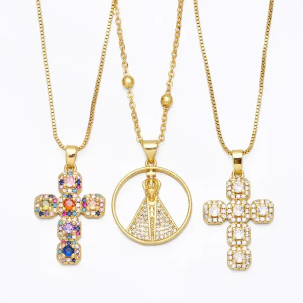 Wholesale Fashion Copper Inlaid Colored Zircon Cross Pendant Necklace Jewelry