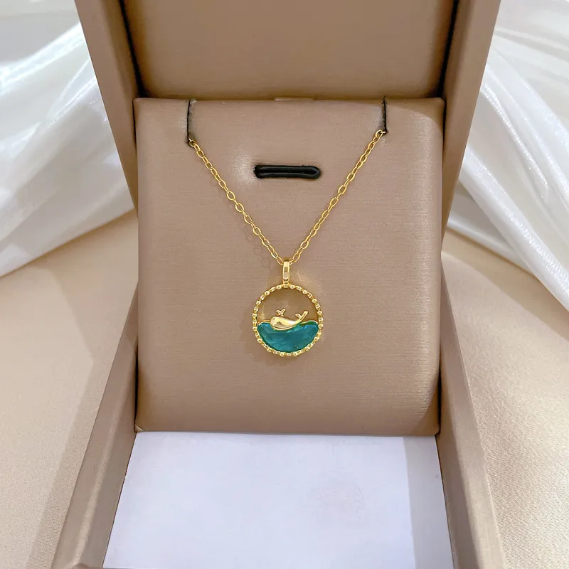 Wholesale Titanium Steel Copper Marine Style Beach Modern Style Inlay Ocean Whale Artificial Gemstones Pendant Necklace