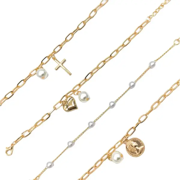 Wholesale Simple Style Cross Heart Shape Artificial Pearl Alloy Plating Gold Plated Women's Bracelets