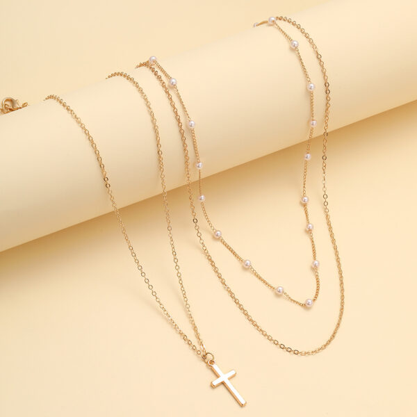 Wholesale Europe and the United States cross-border new artificial Pearl clavicle chain creative cross pendant necklace retro Multilayer Stacked necklace