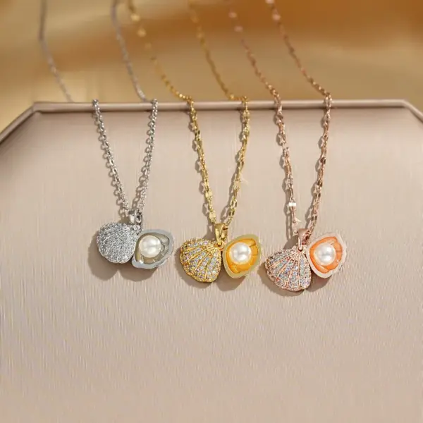 Wholesale Jewelry Elegant Shell 304 Stainless Steel Copper Artificial Pearls Zircon 18K Gold Plated K Gold Plated Plating Inlay Pendant Necklace