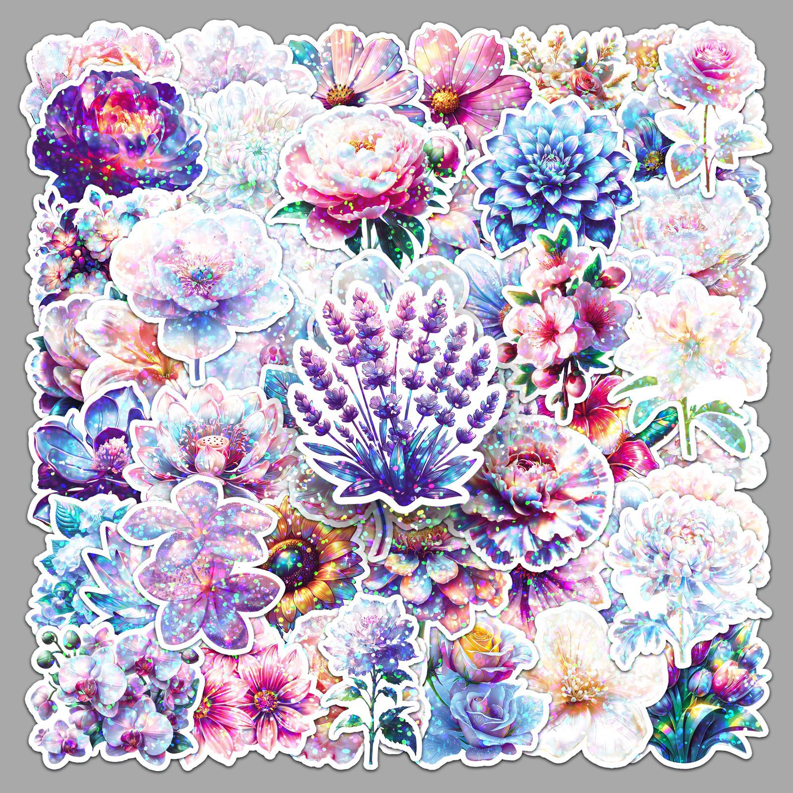 Wholesale 50 Glitter Laser Iridescent Flower Stickers