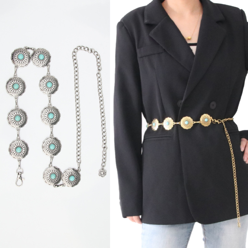Wholesale European and American Fashion Retro Metal Pattern Waist Chain Women's Versatile ess Suit Aessories Agate Stone Decorative Belt