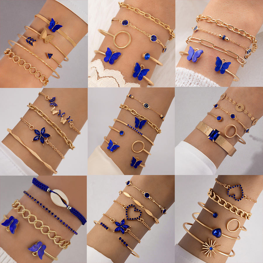 Wholesale Blue Butterfly Diamond-Encrusted Hollow Four-Layer Bracelet Geometric Open