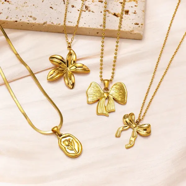 Wholesale Jewelry Luxurious Queen Classic Style Flower Bow Knot 304 Stainless Steel Ball Chain Cable Chain Snake Chain Pendant Necklace