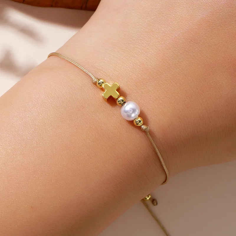 Wholesale Simple Style Classic Style Cross Imitation Pearl Polyester Copper Wholesale Drawstring Bracelets