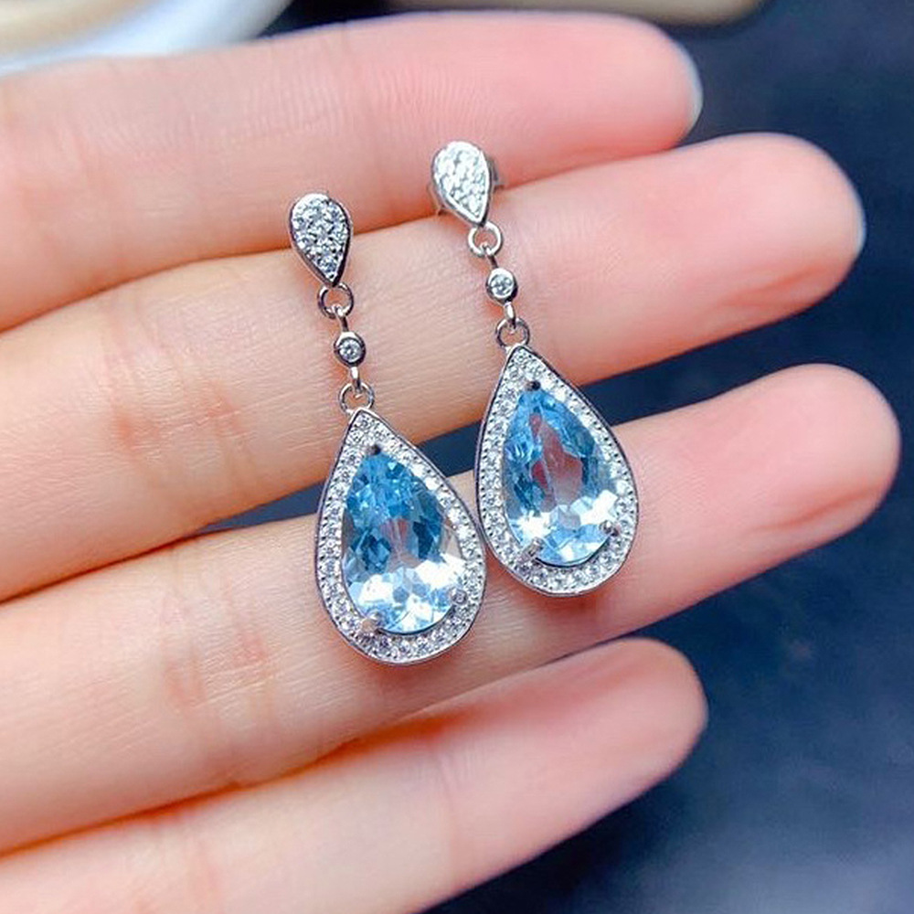 Wholesale Cao Shi's New Online Celebrity Live Selling Temperament Color Treasure Water ops Aquamarine Zircon Long Earrings Mother's Day Gift