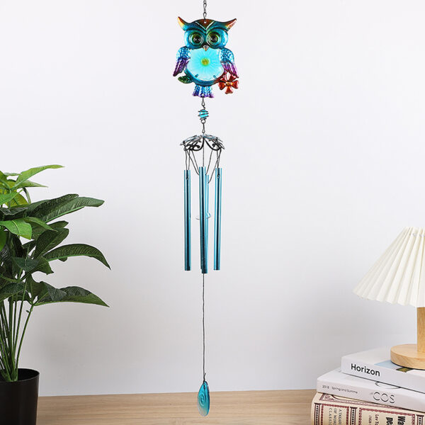 Wholesale Cross-Border Hot Selling Wind Chime Owl Iron Metal Hanging Ornaments Glass Painted Spray Paint Crafts Pendant Courtyard Garden