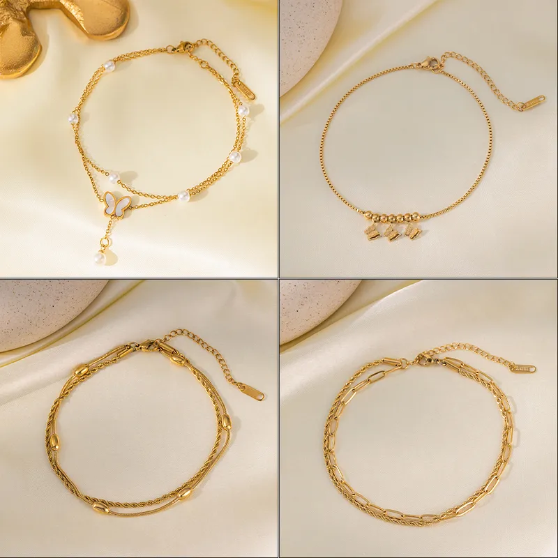 Wholesale 1 Piece Geometric Letter Butterfly Anklet 304 Stainless Steel Waterproof Non Tarnish Plastic PVD Coated Real Gold Plated 18K Women's Basic S
