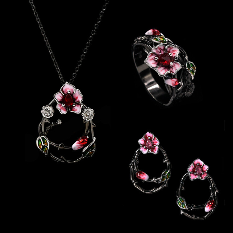 Wholesale European and American Gothic Style Black Gold-Plated Two-Color Dark Rose Ring Necklace Earrings Fashionable Enamel Three-Piece Jewelry Set