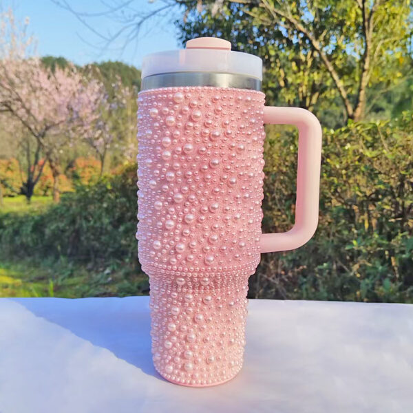 Wholesale New pearl diamond thermos exquisite 40oz with handle portable car cup stainless steel thermos cup water cup