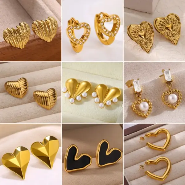 Wholesale 304 Stainless Steel Heart Shape PVD Coated Stone-Free 18K Real Gold Plated Simple Style Classic Style Ear Studs