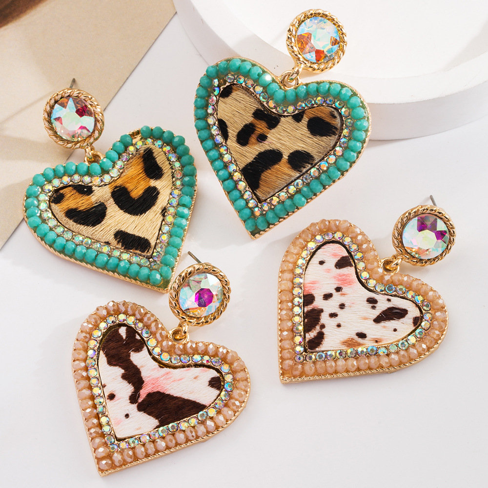 Wholesale Cross-border Retro Leopard Leather Love Earrings Women's Alloy Diamond Crystal Exaerated Elegant Earrings Independent Station Hot Sale