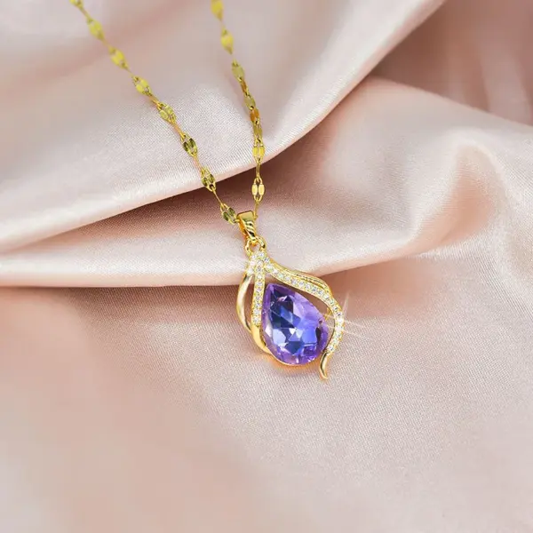 Wholesale Fairy Style Water Droplets Titanium Steel Inlay Zircon Pendant Necklace