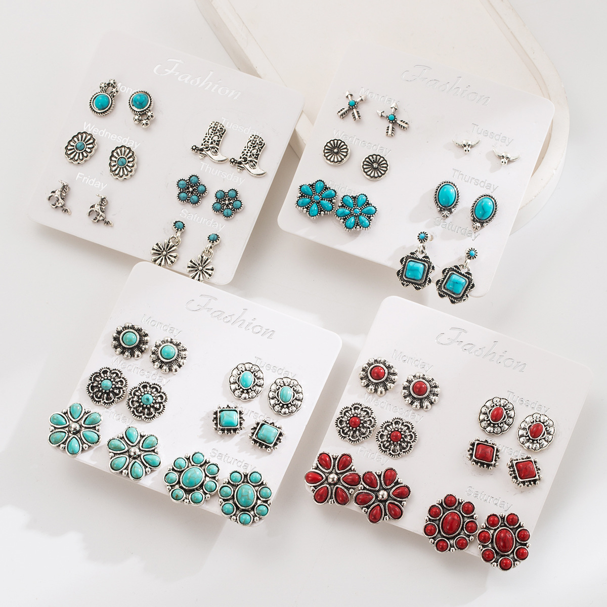 Wholesale European and American Exaerated Western Ethnic Style Turquoise Earrings Flower Bull Head ny Geometric Set Earrings Earrings for Women